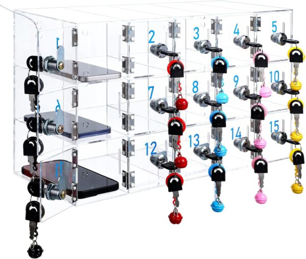 Secure 15-Slot Acrylic Cell Phone Locker for Public Places, Wall-Mounted and Freestanding Phone Storage, Easy Access and High Security