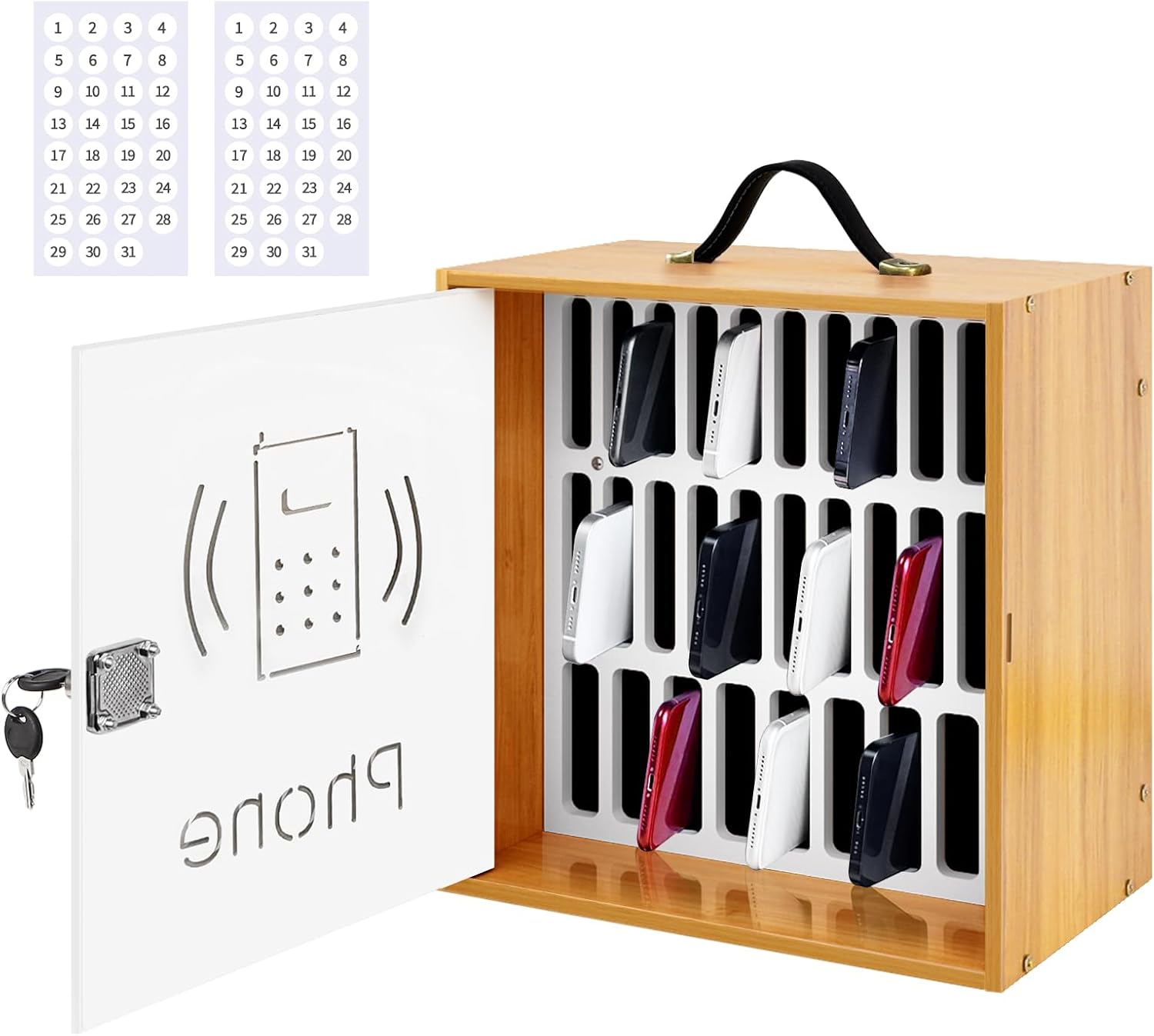 Wooden Cell Phone Holder Classroom, 31 Slots Cell Phone Storage Cabinet Pocket Chart with Handle, Desktop Cell Phone Storage Box with Security Lock for Classroom Office (Cherry Wood)