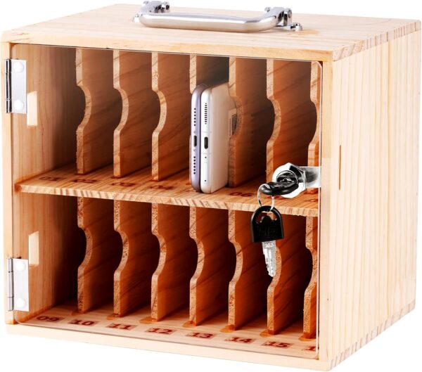 Wooden Cell Phone Locker Cell Phone Storage Cabinet 16 Slots Cell Phone Holder Lock Box for School Company, Phone Locker Box with Handle