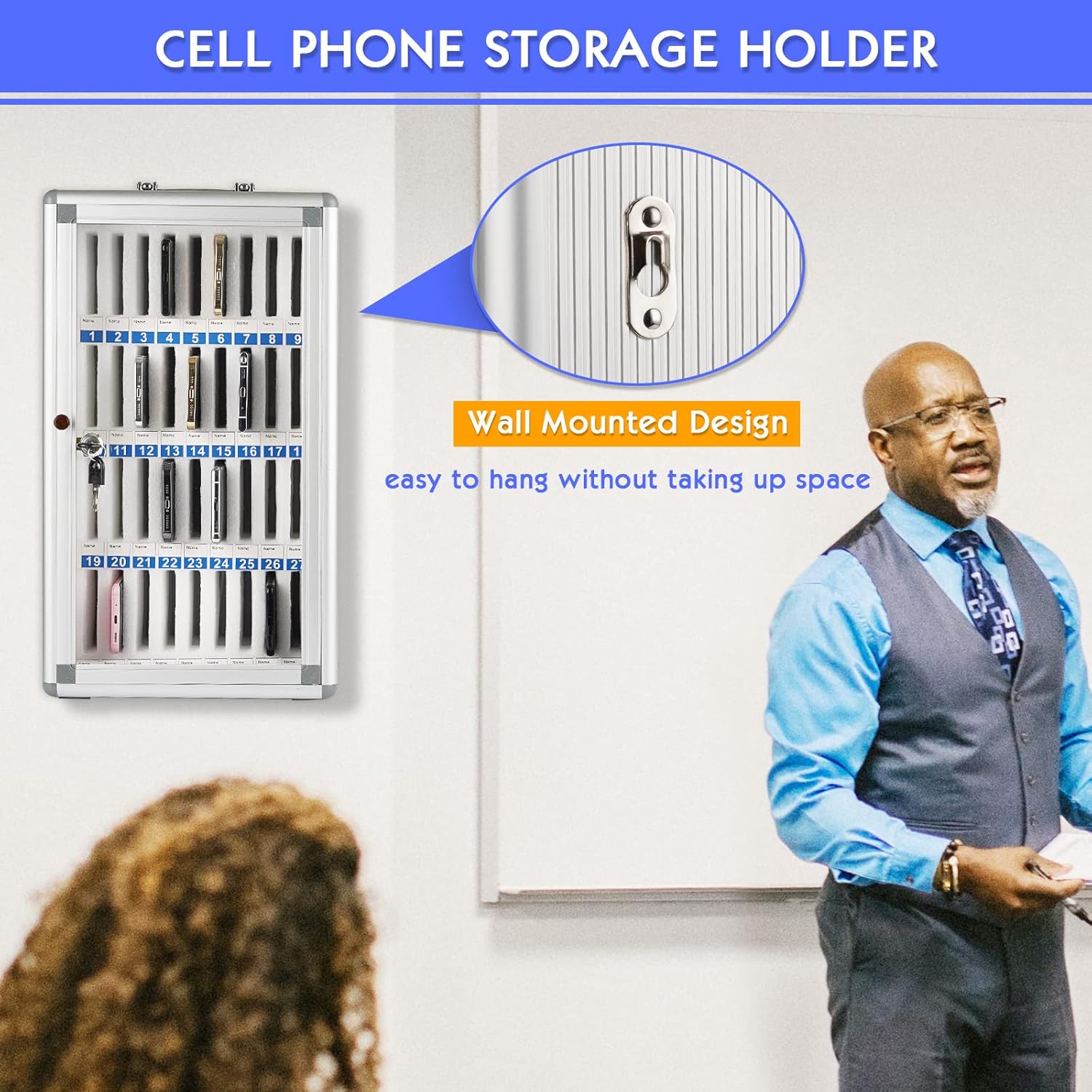 Phone Organizer Unit Secure mobile phone locker with 36 compartments for organized classroom device management