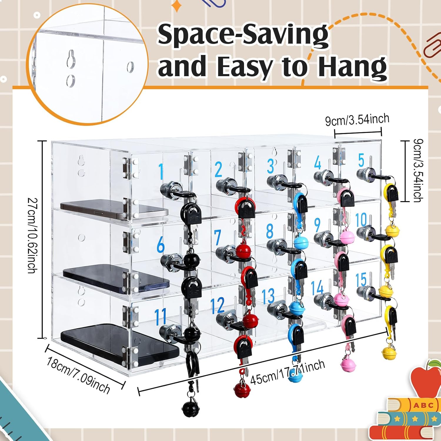15-Slot Cell Phone Locker Freestanding and wall mounted acrylic phone storage locker with 15 secure compartments
