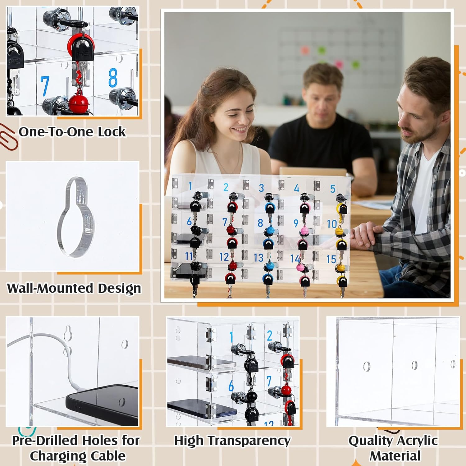 15-Slot Cell Phone Locker Secure 15 slot acrylic cell phone locker for public places with wall mounted design